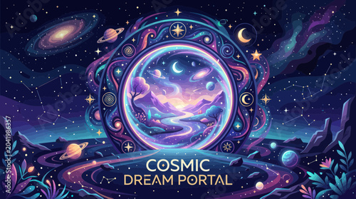 Canvas Print Cosmic Dream Portal: Vibrant Galaxy, Stars, Planets, and Mystical Landscape