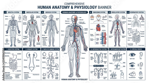 Tableau sur toile Human Anatomy and Physiology Banner: Detailed Medical Illustrations of Body Syst