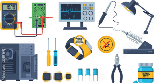 Obraz na płótnie Electronics repair and engineering vector set featuring digital multimeter oscil
