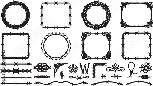 Set of various barbed wire frames and decorative elements with ornament illustration collection decorative silhouette abstract creative