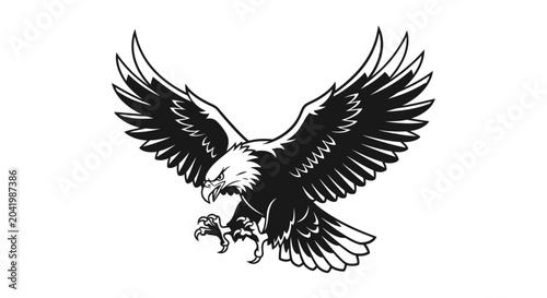 Black and White Bald Eagle Illustration Landing with Wings Spread
