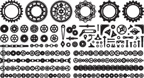 Set of various industrial mechanical gear parts and bicycle chains with mechanical industry machinery engineering components silhouette graphics technical