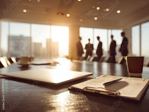 Bright boardroom with laptops, papers, and silhouetted figures at sunrise