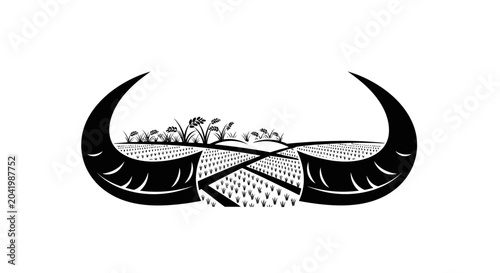 Black and White Buffalo Horns Framing a Rural Rice Field Landscape Illustration