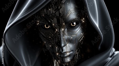 mysterious digital identity with golden circuit face, futuristic hooded cyber avatar with glowing technology, anonymous crypto figure with luminous data network