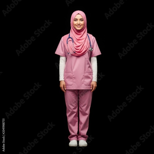 Young smiling muslim female nurse wearing pink scrubs and hijab with stethoscope.