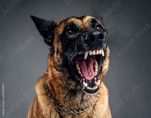 Aggressive Belgian Malinois Barking with Bared Teeth in Studio Portrait