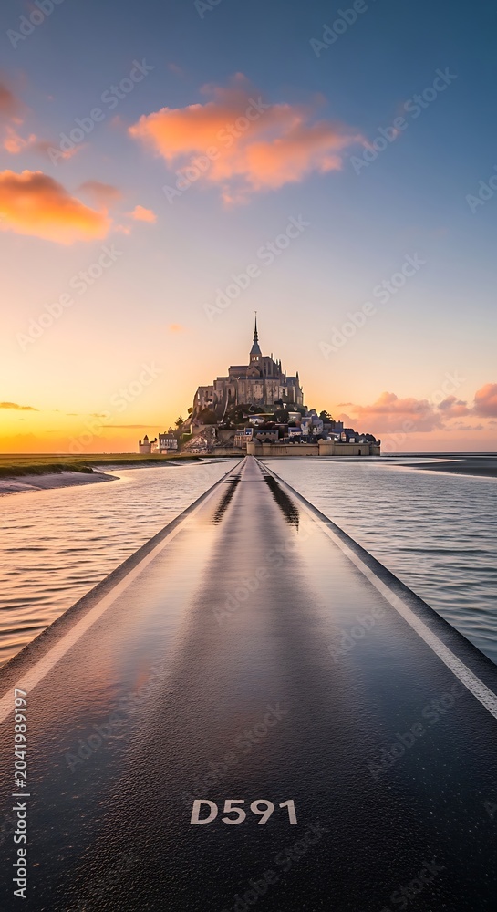 Obraz premium Historic Island Abbey Rising Above Tidal Causeway at Colorful Sunset