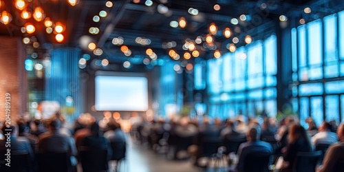 A blurred indoor conference hall with people seated and a screen