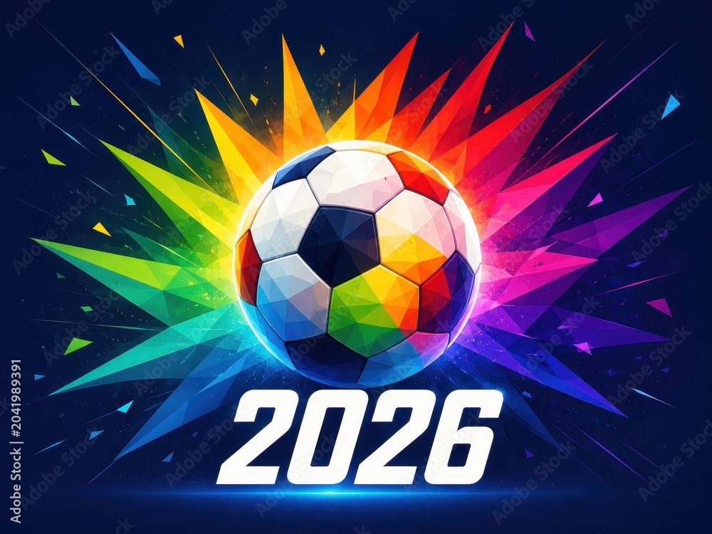 Fototapeta premium Soccer Ball with Rainbow Geometric Explosion for 2026 Football Illustration