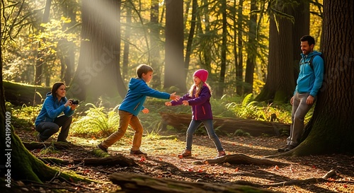 Playful Children Holding Hands in Sunlit Forest with Parents Nearby