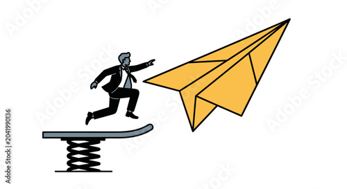 Schilderij op canvas Businessman jumping off springboard onto a giant paper airplane.