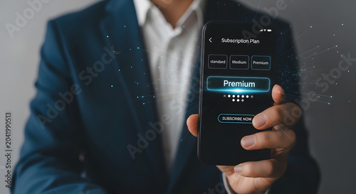 Business executive using digital mobile technology showing abstract data isolated on with smartphone business software