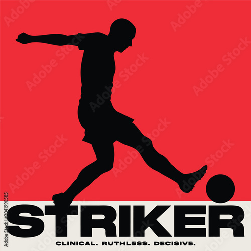 Foto Striker clinical ruthless decisive with silhouette of male footballer kicking soccer ball on red background