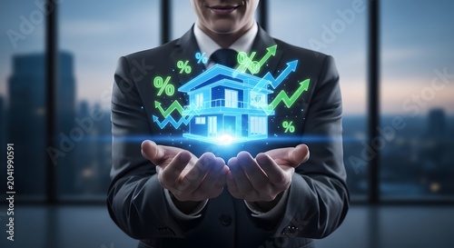 Professional real estate agent presenting virtual house model with glowing growth icons isolated on transparent