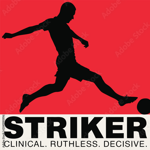 Tableau sur toile Striker clinical ruthless decisive with silhouette of male footballer kicking soccer ball on red background