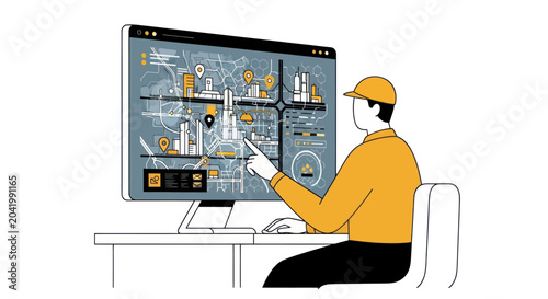 Logistics manager monitoring smart city data on large screen.