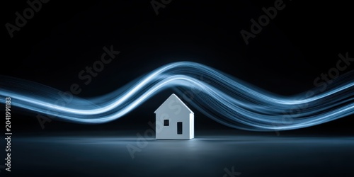 Glowing white house model icon with 3d Wi-Fi symbol on blue background. Smart home wireless internet concept for real estate, connectivity and modern housing technology. Digital domestic automation.