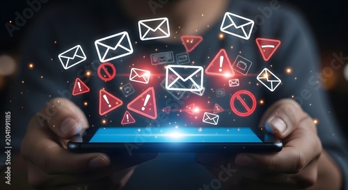 Person using smartphone showing incoming spam email threats and warnings isolated on with smartphone phishing security