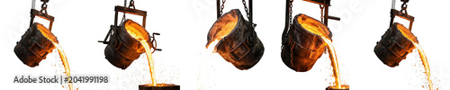 Photos Collection of industrial foundry ladles pouring glowing molten metal and liquid steel, shown at various angles isolated on a white background for metallurgy designs