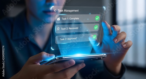 Interactive to do list on holographic smartphone screen isolated on with checklist hologram smartphone productivity
