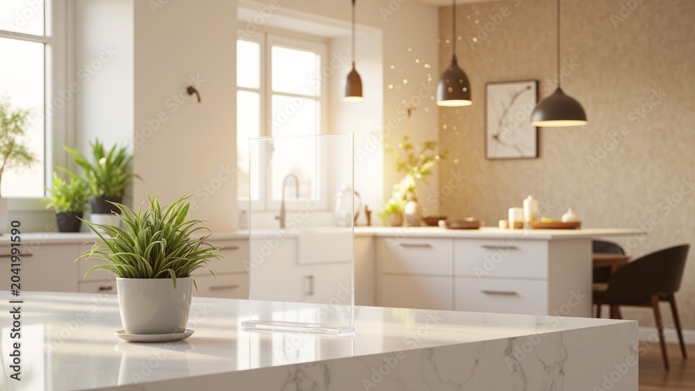 Fototapeta premium Transparent Frame Mockup on Modern Cozy Kitchen Background