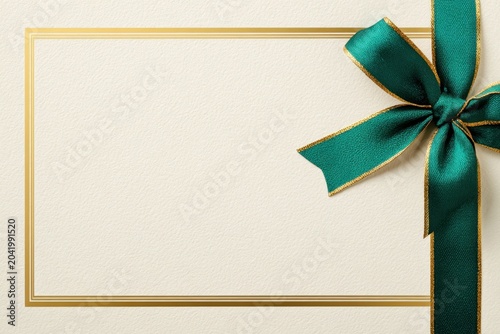 Gold border template, green ribbon bow, textured paper surface. Blank central panel for message. Sheen frame, elegant luxury wedding invitation white layout. Voucher, gift card festive use. Goal list