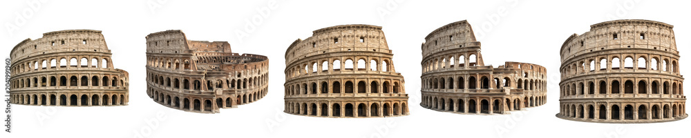 Fototapeta premium Ancient Roman Colosseum Landmark Collection - Isolated White Background Italy Amphitheater Set