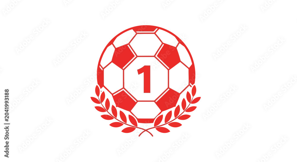 Fototapeta premium Soccer Ball With The Number One Symbolizing Victory Among Laurel Wreath Design
