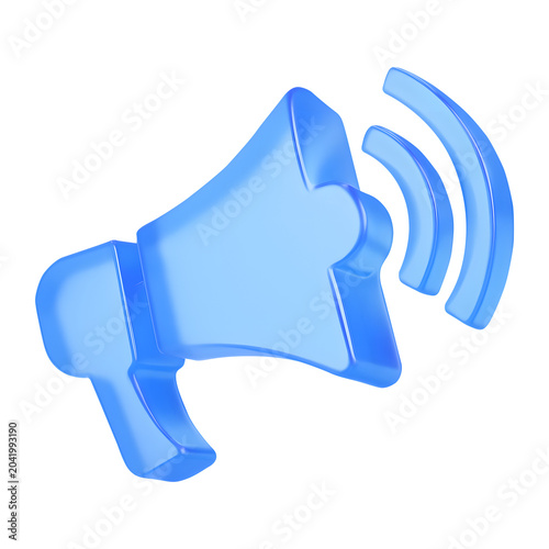 Blue glass megaphone icon, symbolizing announcements, speaker, isolated on a white background