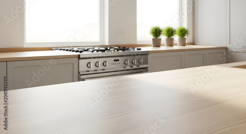 Modern kitchen interior with stainless steel stove and green herbs isolated on interior countertop transparent