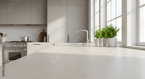 Luxurious white marble kitchen countertop with faucet and herbs isolated on countertop interior transparent domestic