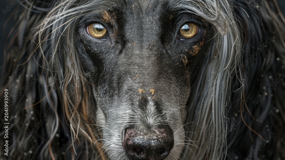 Naklejka premium Dark, wet fur frames a somber, golden-eyed canine gaze. Deep-set eyes hold quiet resilience, softened by age. The dog's nose is damp, slightly wrinkled, with a gentle dignity