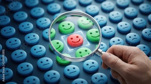 Marketing professional using a magnifying glass to analyze customer feedback and satisfaction face icons.