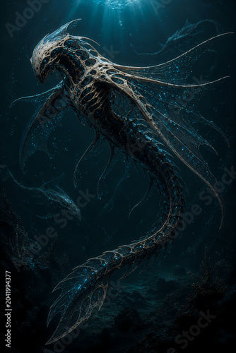 An ethereal, bioluminescent sea creature with translucent wings glides through the dark ocean depths.