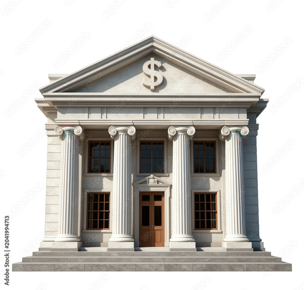 Obraz premium Classical Bank Building with Dollar Sign Facade, 3d Render, Transparent Background