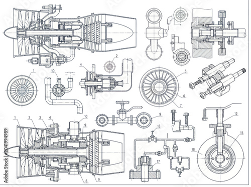 фотографія Detailed Engineering Blueprint of Complex Aircraft Engine Components