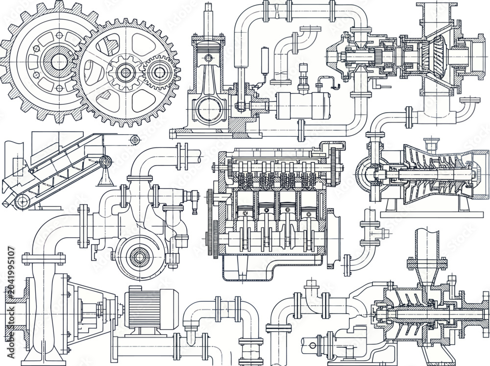 Obraz premium Detailed Engineering Blueprint of Industrial Machinery and Components.