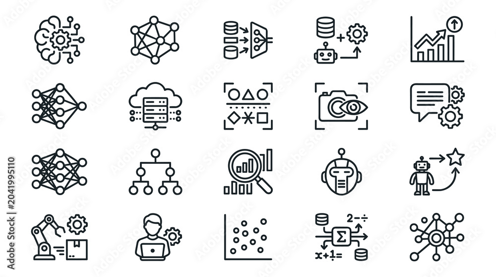 Fototapeta premium Minimal AI Workflow and Data Analytics Icon Set, Modern Machine Learning Outline Vector Collection