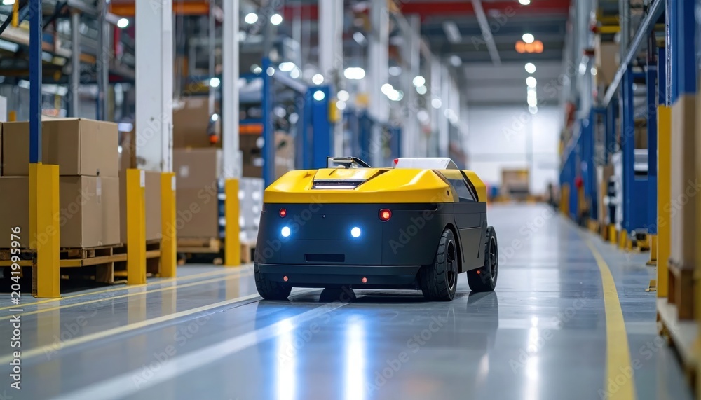 Obraz premium Autonomous Yellow Warehouse Robot Driving Through Modern Industrial Storage Aisle