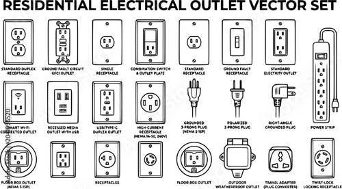 Black line electrical outlet vector set, wall sockets, power plugs and receptacles isolated on white background, residential electrical installation illustration