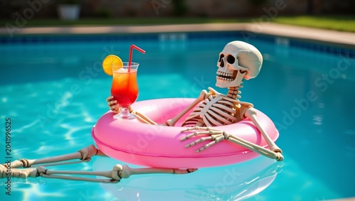 Skeleton relaxing in a pink inflatable pool float holding a colorful cocktail with a straw, surrounded by clear blue water in a sunny outdoor pool setting