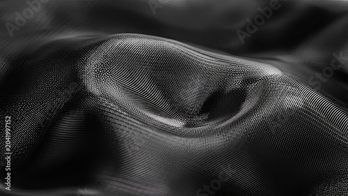 Dark futuristic abstract background creating a dynamic texture with undulating lines forming a complex digital wireframe surface, illustrating data flow, technology, and connection concepts