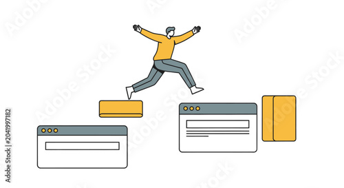 Man jumping between digital browser windows illustration.