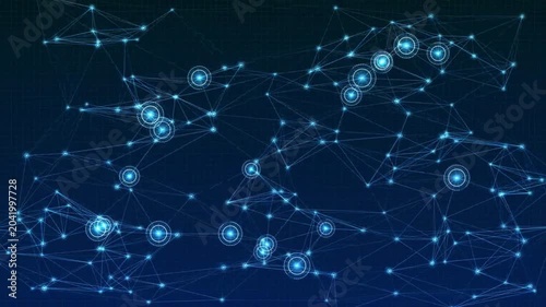 Technology network concept with abstract blue plexus. Moving digital lines and glowing target dots structure on dark background. Cyber security data transfer. Futuristic AI science animation loop