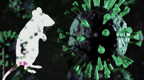 Mouse organism stands against a large virus particle, representing scientific research, medical testing, and the study of infection, disease, and potential treatments in laboratory environments