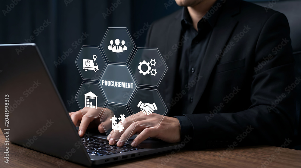 Naklejka premium Businessman typing on laptop with virtual procurement and logistics management network