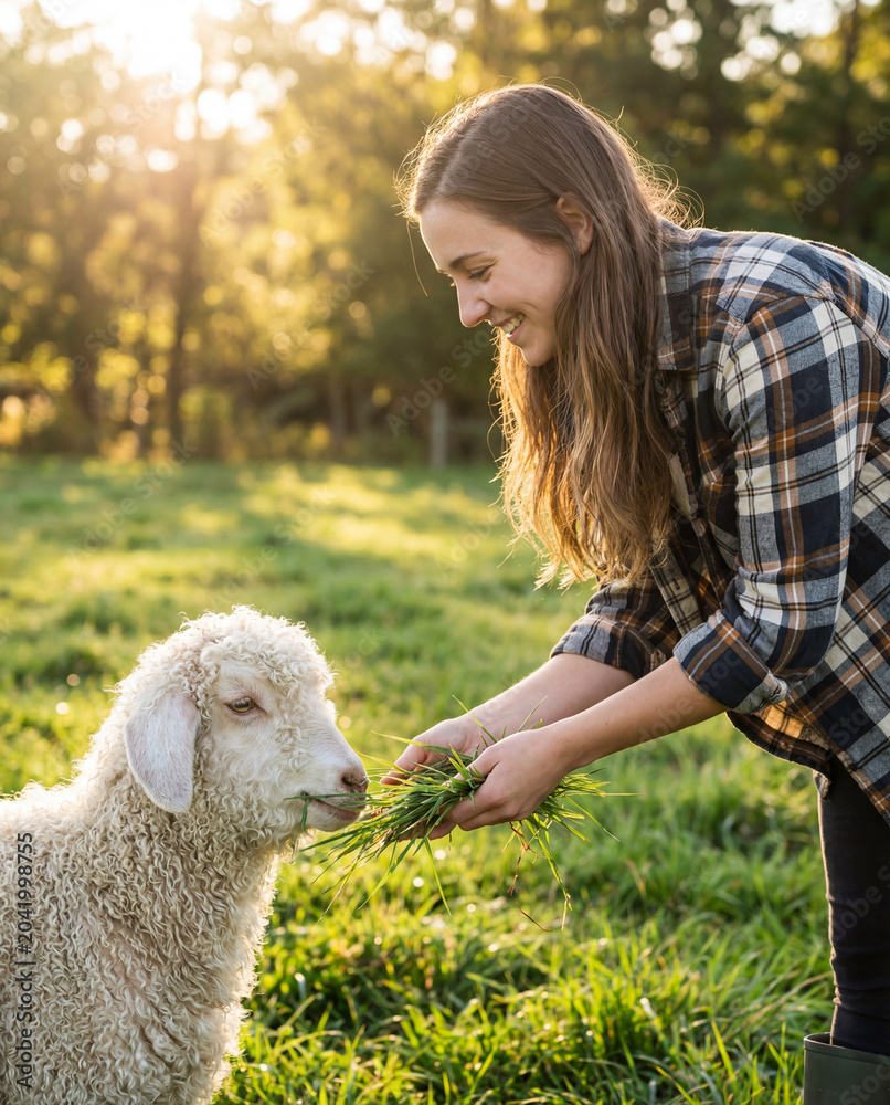 Naklejka premium Smiling female agricultural worker feeding curly sheep with fresh green grass on eco farm at sunset for sustainable agriculture lifestyle concept