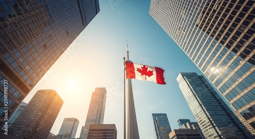 Canadian flag waving in the wind against a backdrop of modern skyscrapers in downtown toronto, ontario, canada