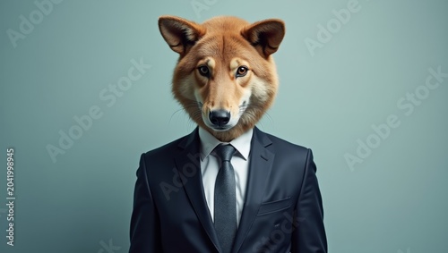 Anthropomorphic dog dressed in a formal black suit with a tie, standing against a solid light blue background, blending human and animal characteristics
